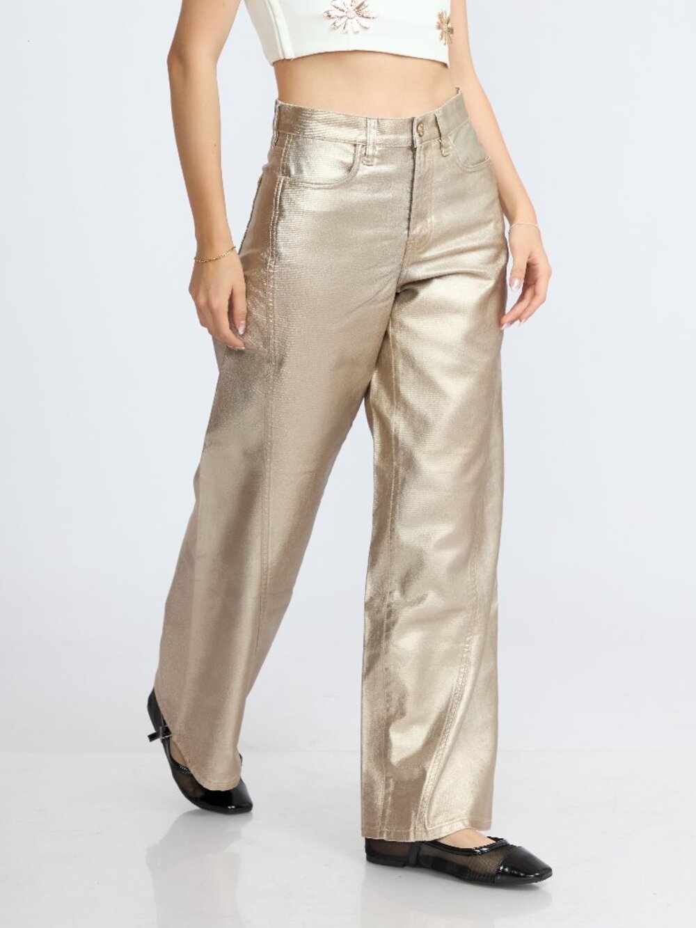 DKNY Women's Metallic Gold Wide Leg Cotton Pants High Rise